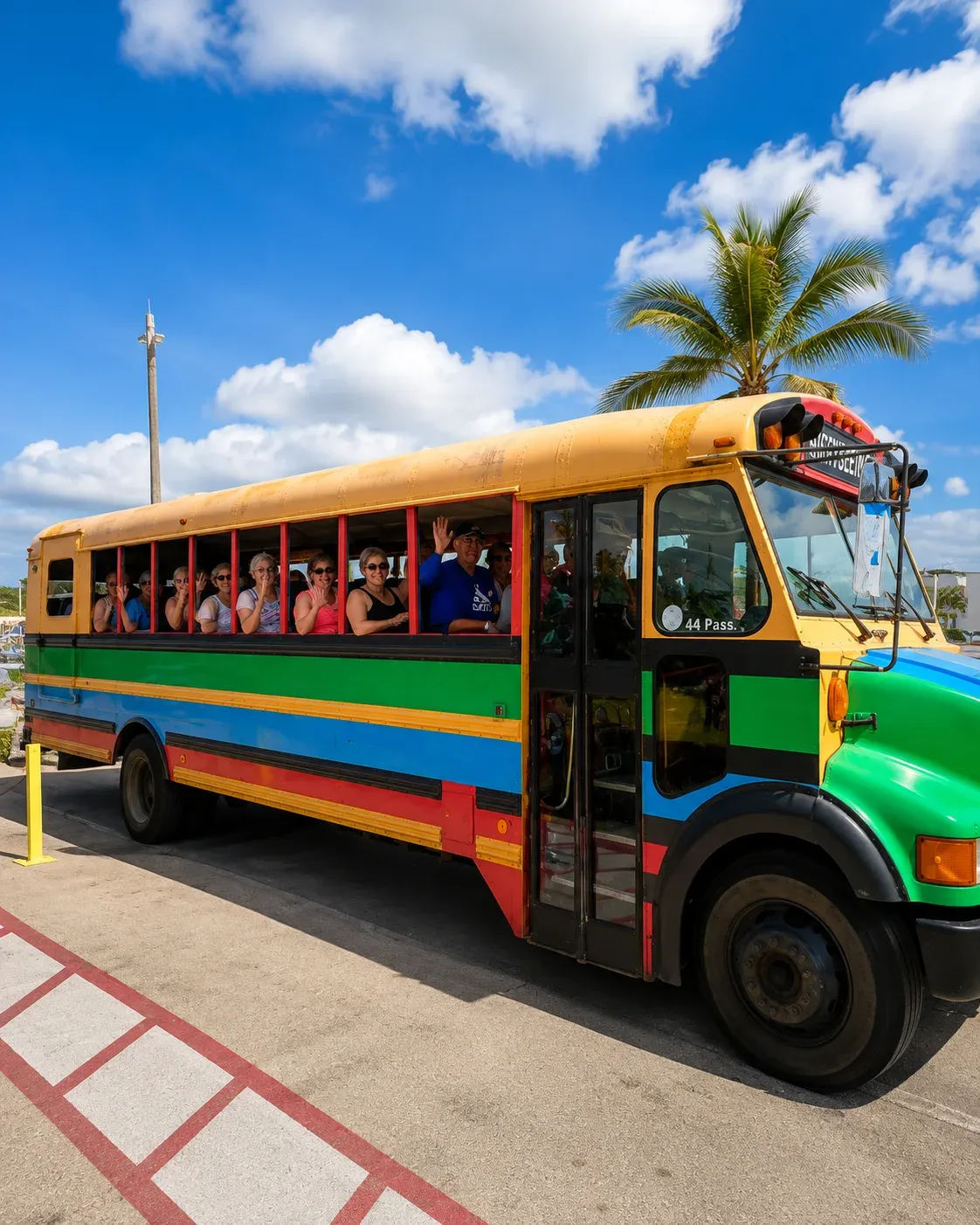Cruise visitors aboard the colorful Ben Tours sightseeing bus in Curaçao