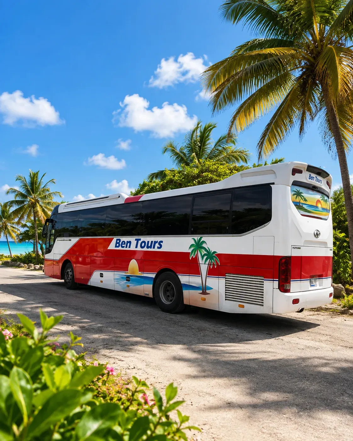 Ben Tours coach bus in a tropical setting in Curaçao